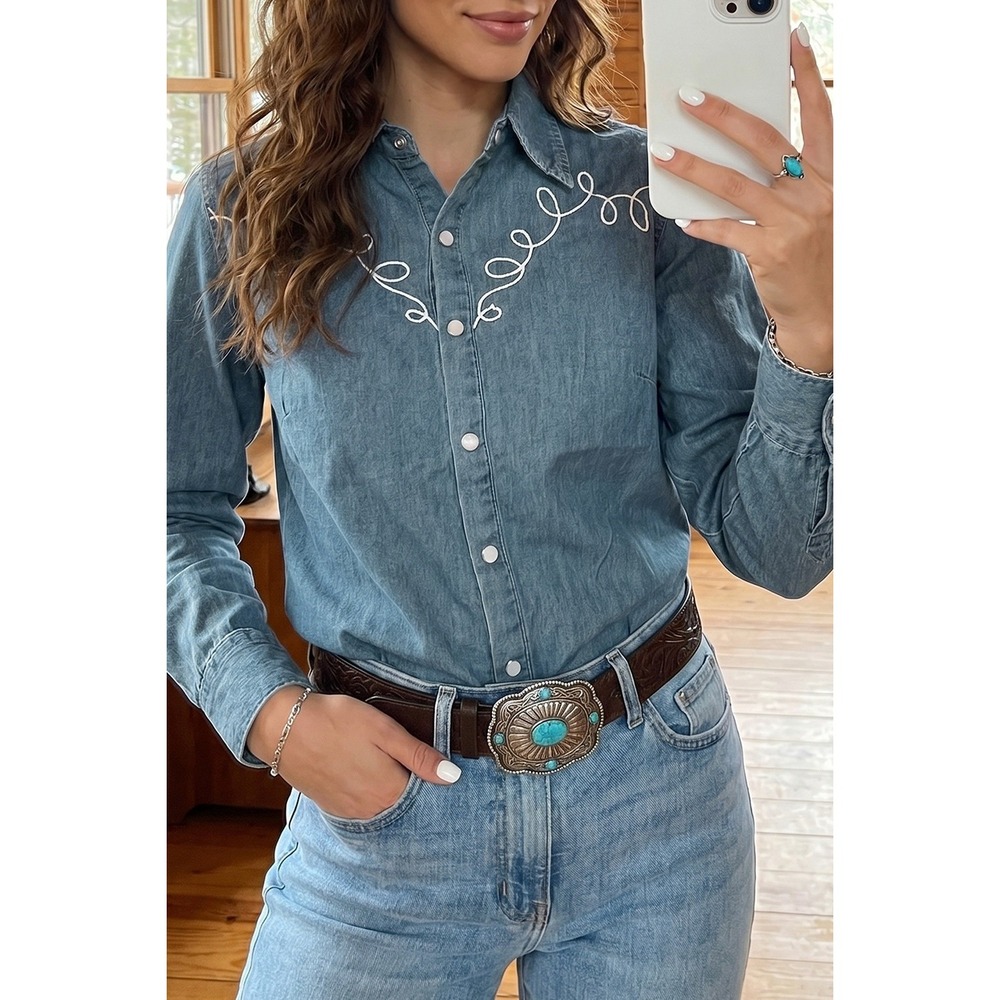 SYNZ Western Blouse Women Large Blue Embroidered Denim Long Sleeve Button Top